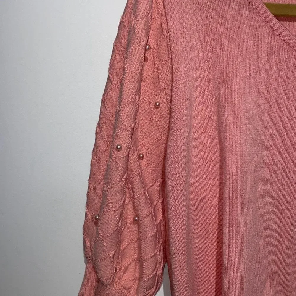 Nanette Lepore Women's Pink Ribbed Knit Beaded‎ Sleeve Pullover Sweater Size XL